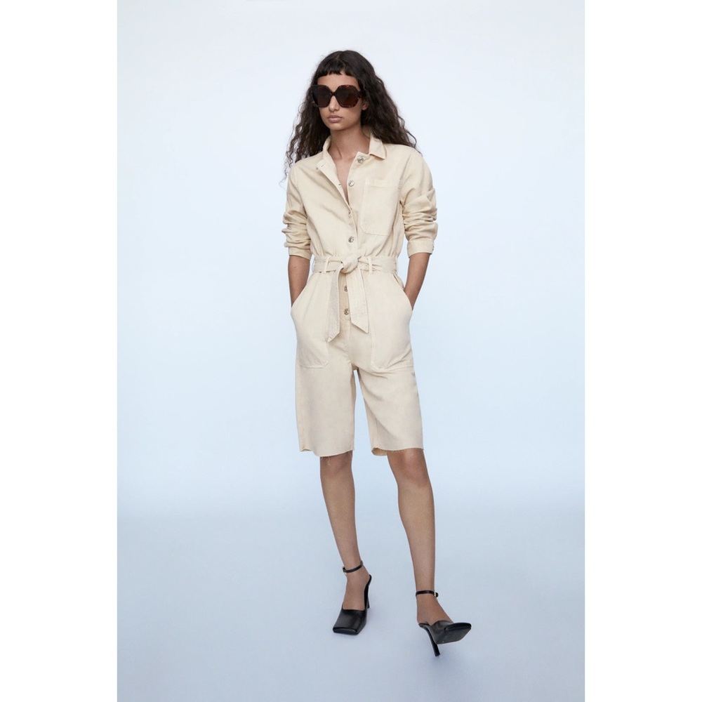 ZARA SAND BELTED RUSTIC JUMPSUIT SIZE SMALL